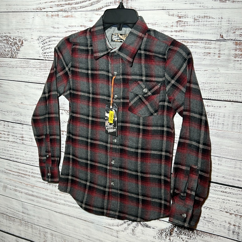 First Wave Dillards Charcoal Flannel Button Up Boys Size 10/12 NWT - Picture 2 of 15